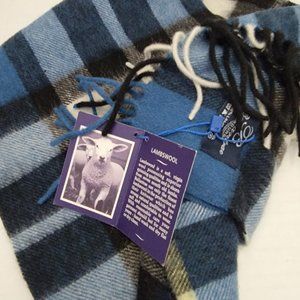 New Ballantrae Wool Lambswool Mens Womens Check Plaid Blue Scarf Fringe